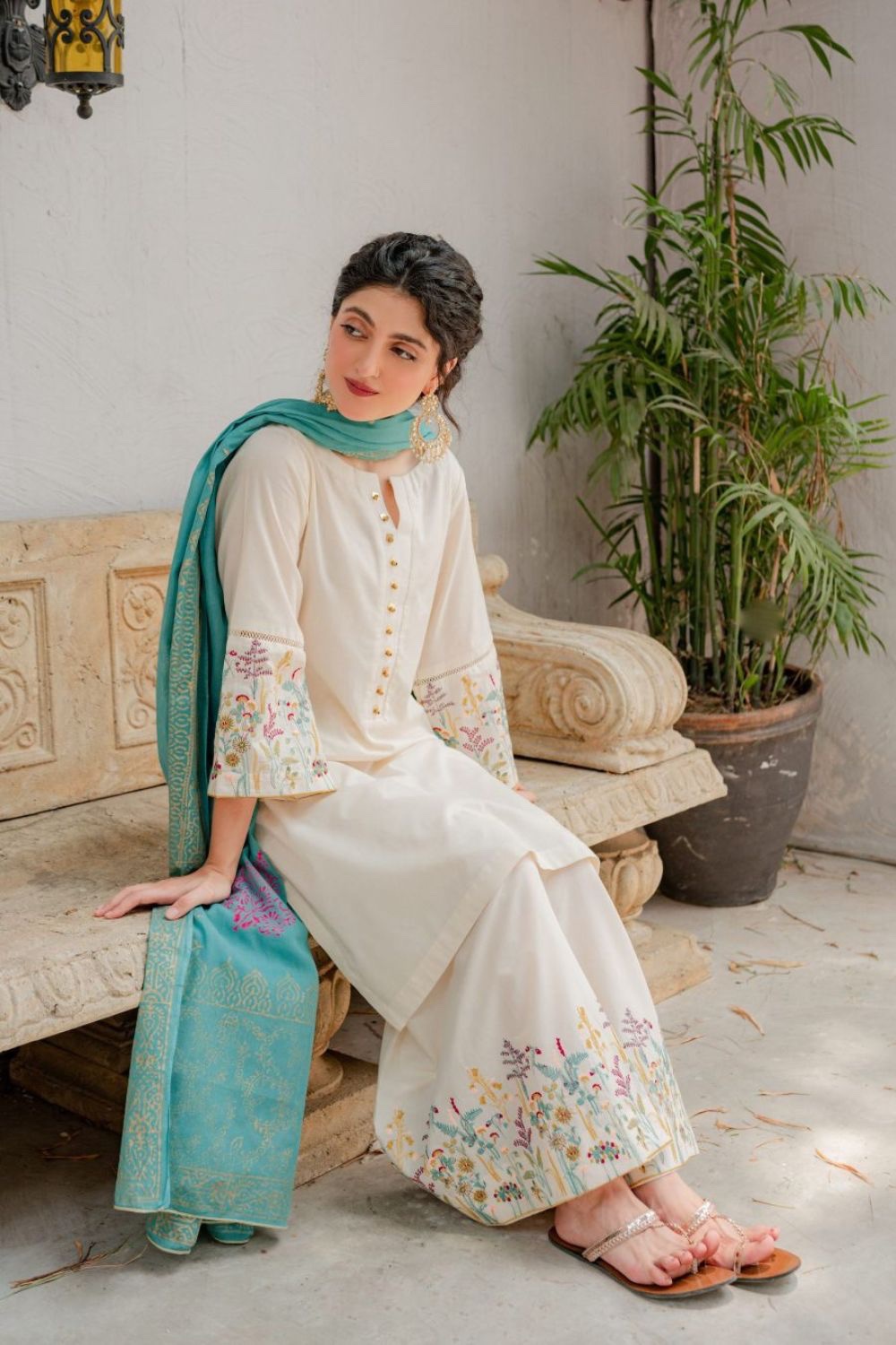 Dhanak — White Embroidered — Unstitched · 3-Piece · Linen