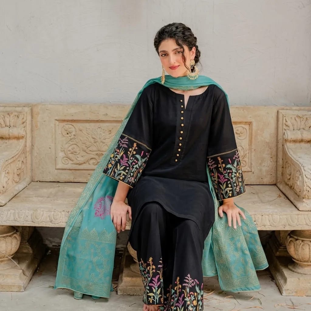 Dhanak — Black & Mint Green Embroidered — Unstitched · 3-Piece · Linen