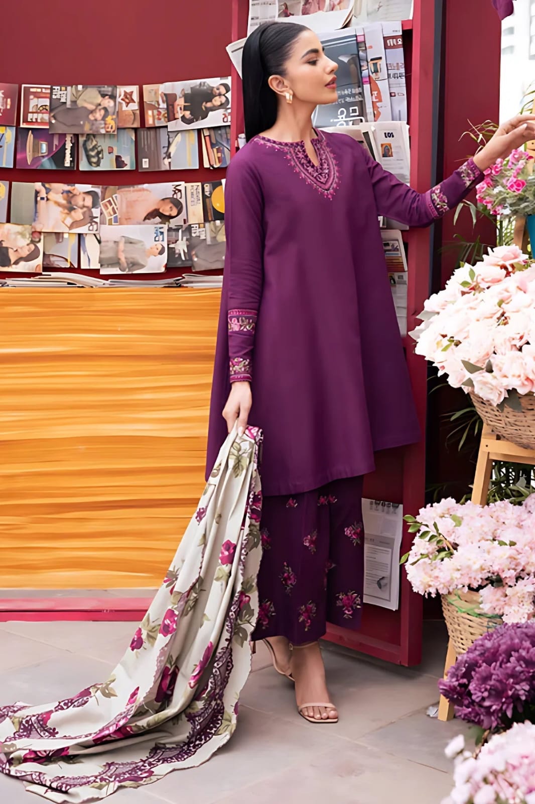 Dhanak — Purple Embroidered — Unstitched · 3-Piece · Linen
