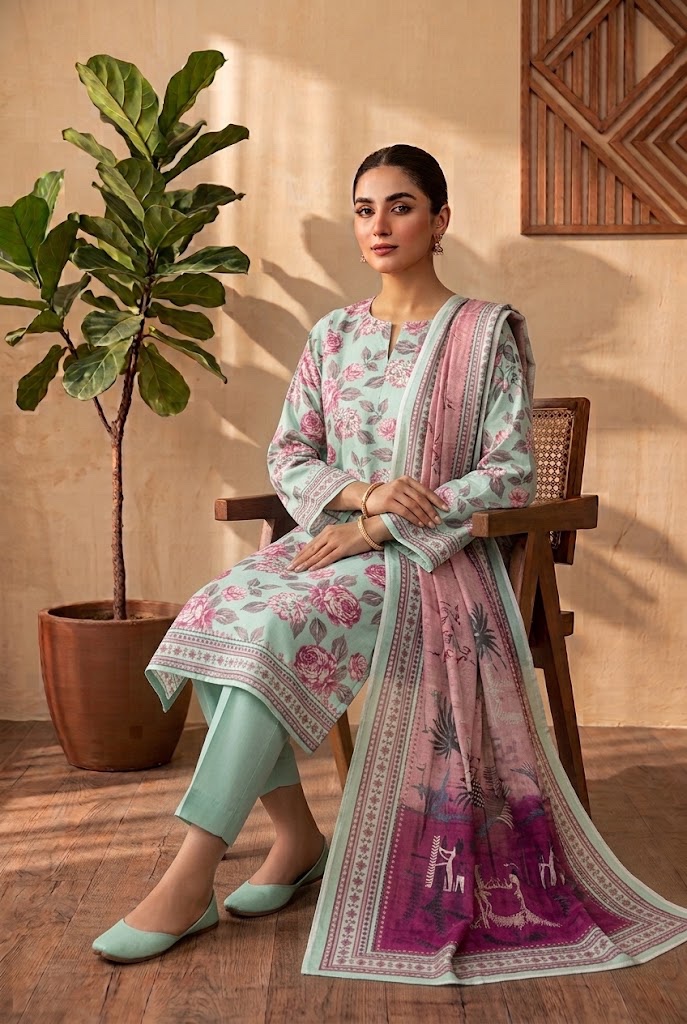Mehak — Mint Green Rose — Unstitched · 3-Piece · Viscose