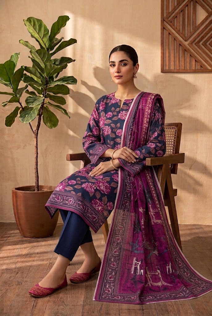 Mehak — Navy & Magenta Rose — Unstitched · 3-Piece · Viscose