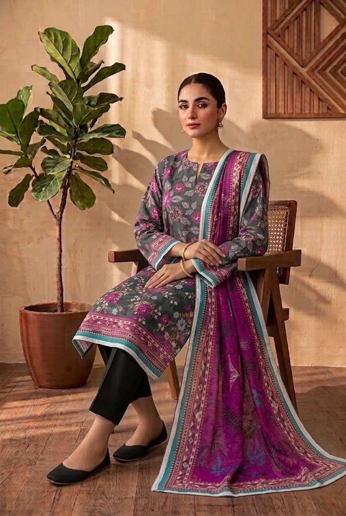 Mehak — Slate Grey & Fuchsia — Unstitched · 3-Piece · Viscose