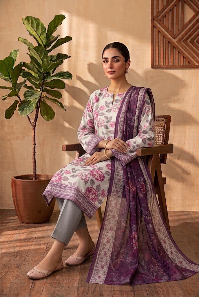 Mehak — Ivory & Purple Rose — Unstitched · 3-Piece · Viscose
