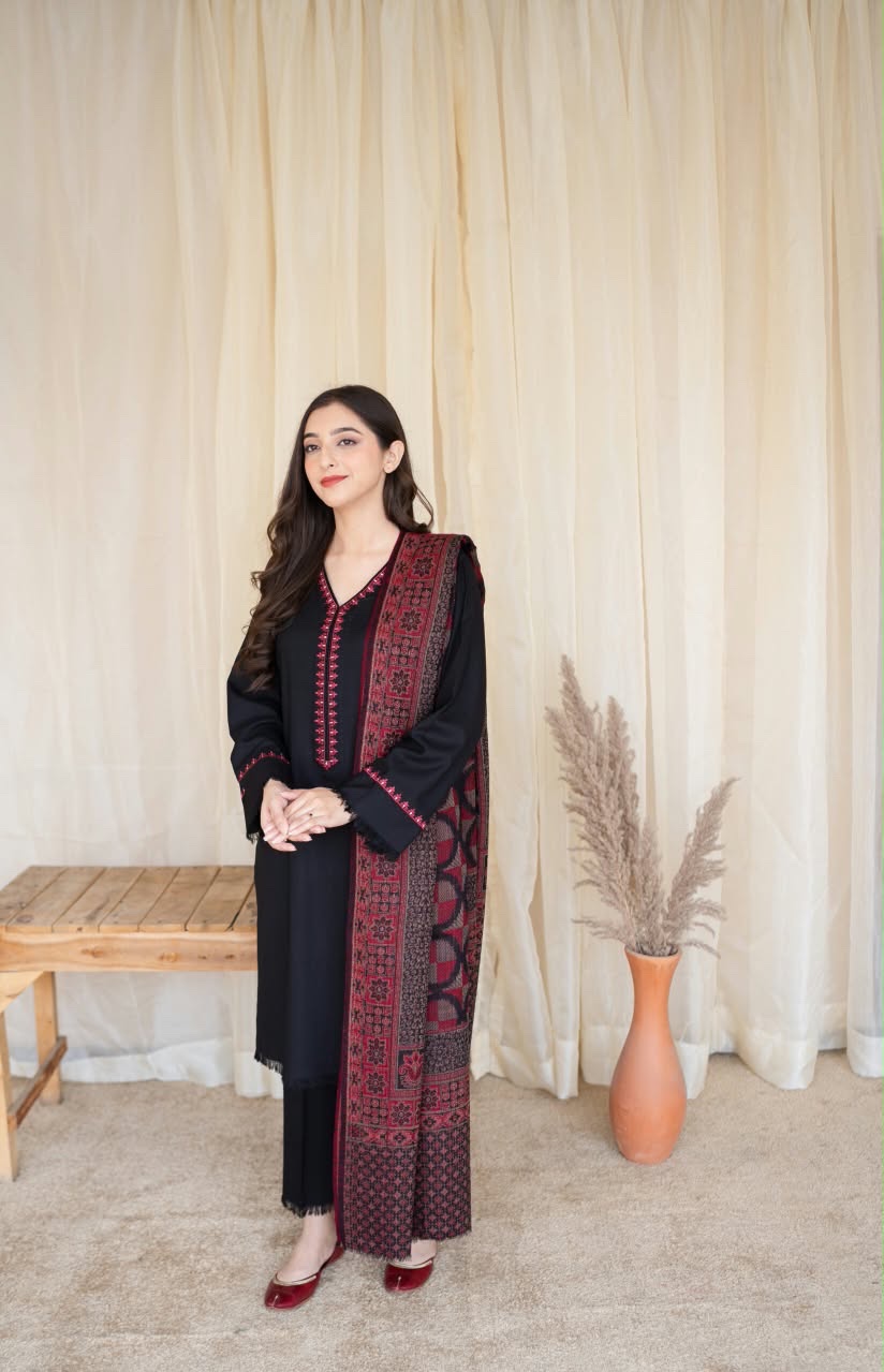 Dhanak — Black Embroidered — Unstitched · 3-Piece · Linen