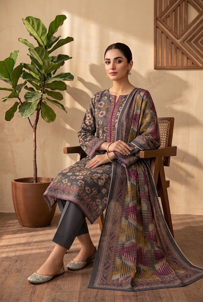Mehak — Charcoal Grey Floral — Unstitched · 3-Piece · Viscose
