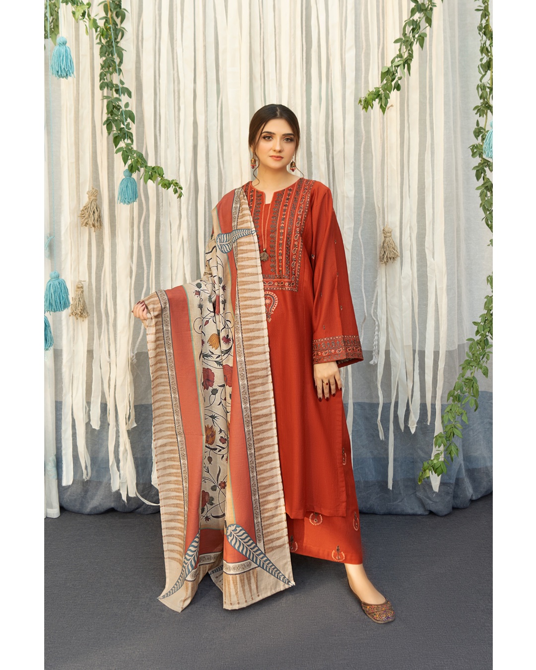 Dhanak — Burnt Orange Embroidered — Unstitched · 3-Piece · Linen