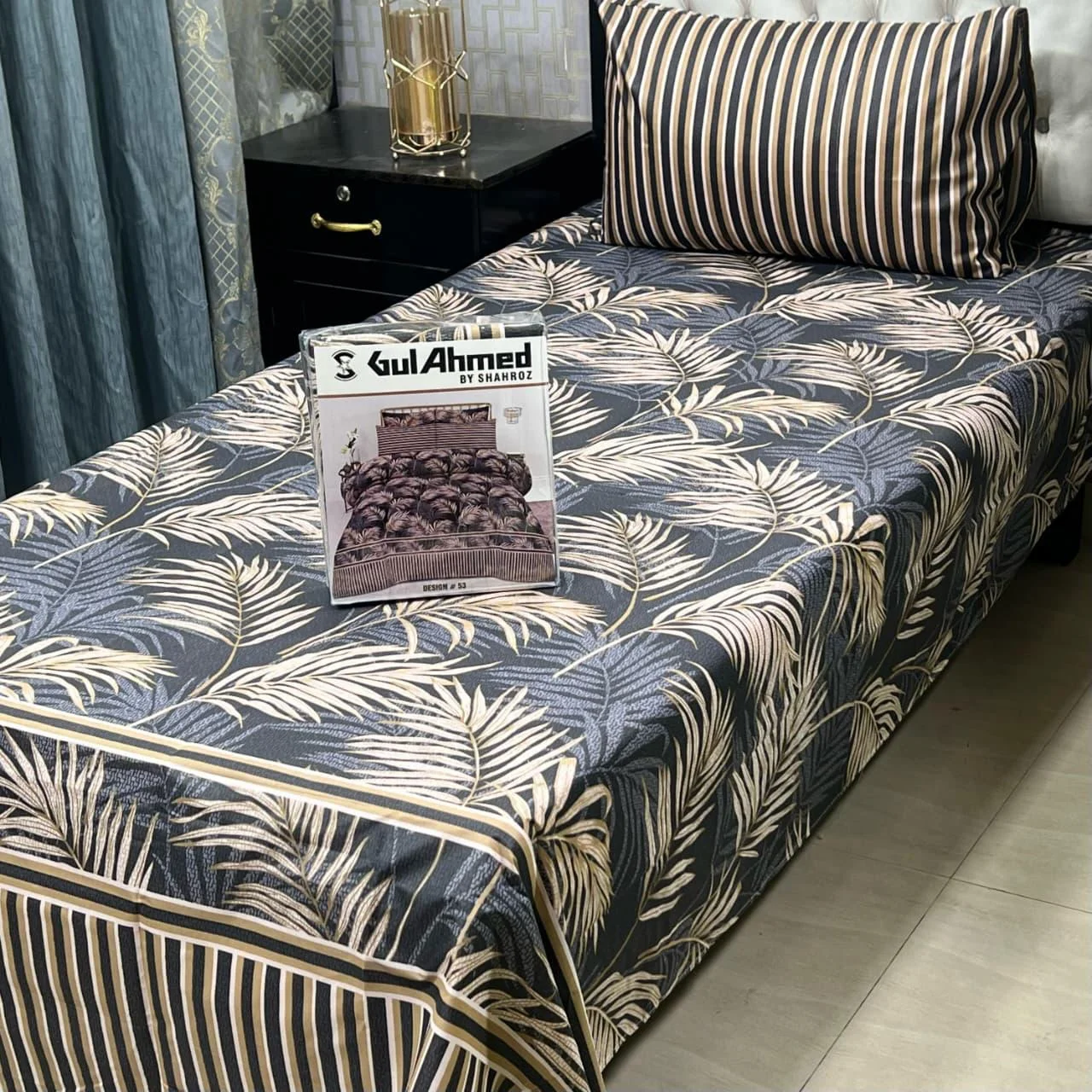 Gul Ahmed — Slate Grey & Ivory — Bed Sheets · Single · Cotton