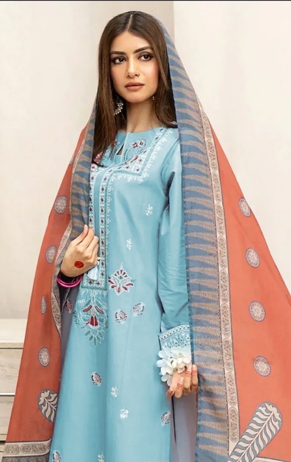 Dhanak — Aqua Mint Embroidered — Unstitched · 3-Piece · Linen