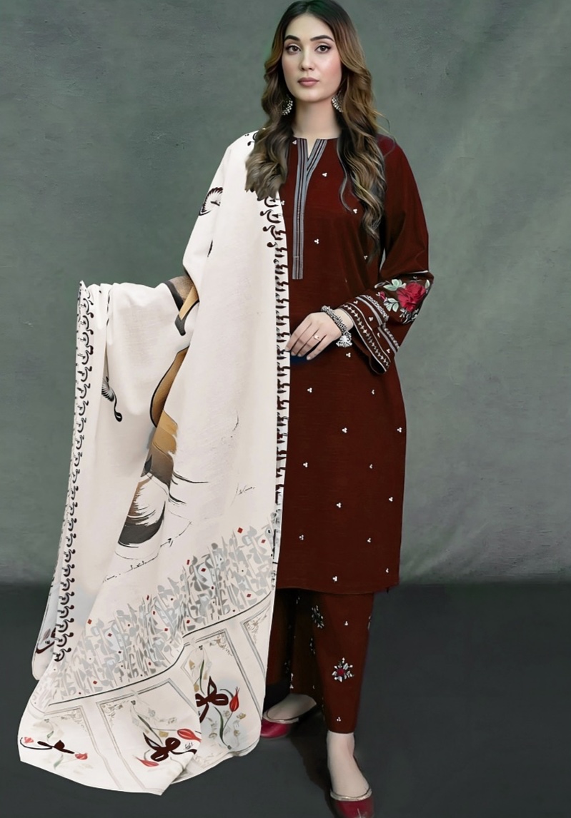 Dhanak — Red Embroidered — Unstitched · 3-Piece · Linen