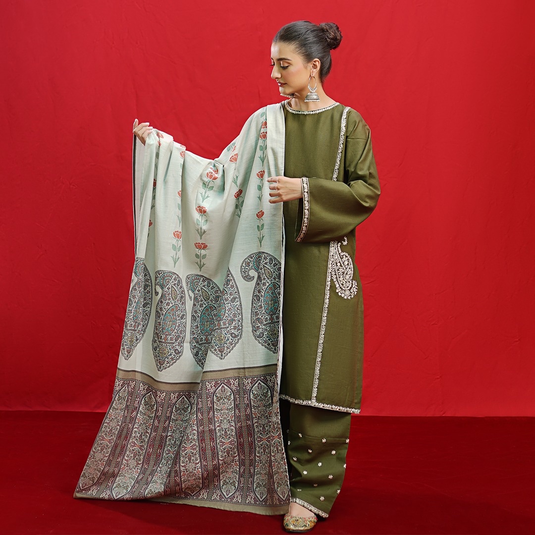 Dhanak — Olive Embroidered — Unstitched · 3-Piece · Linen