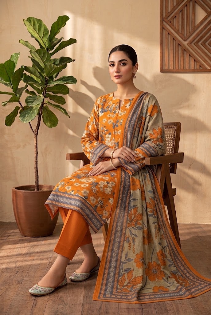 Mehak — Burnt Orange Floral — Unstitched · 3-Piece · Viscose