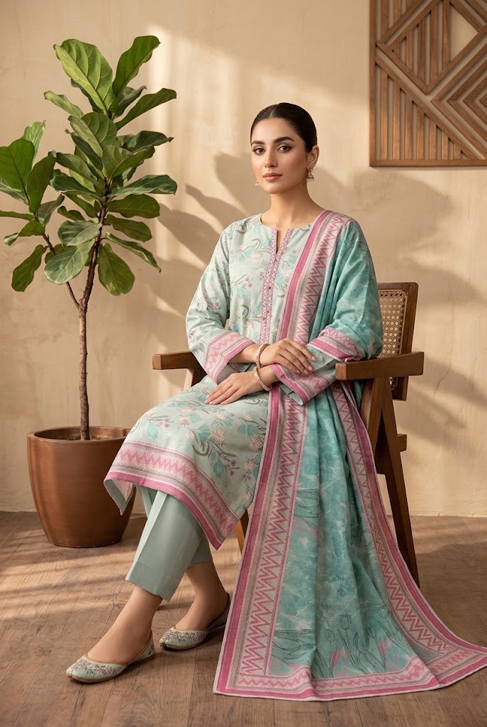Mehak — Aqua Mint Floral — Unstitched · 3-Piece · Viscose