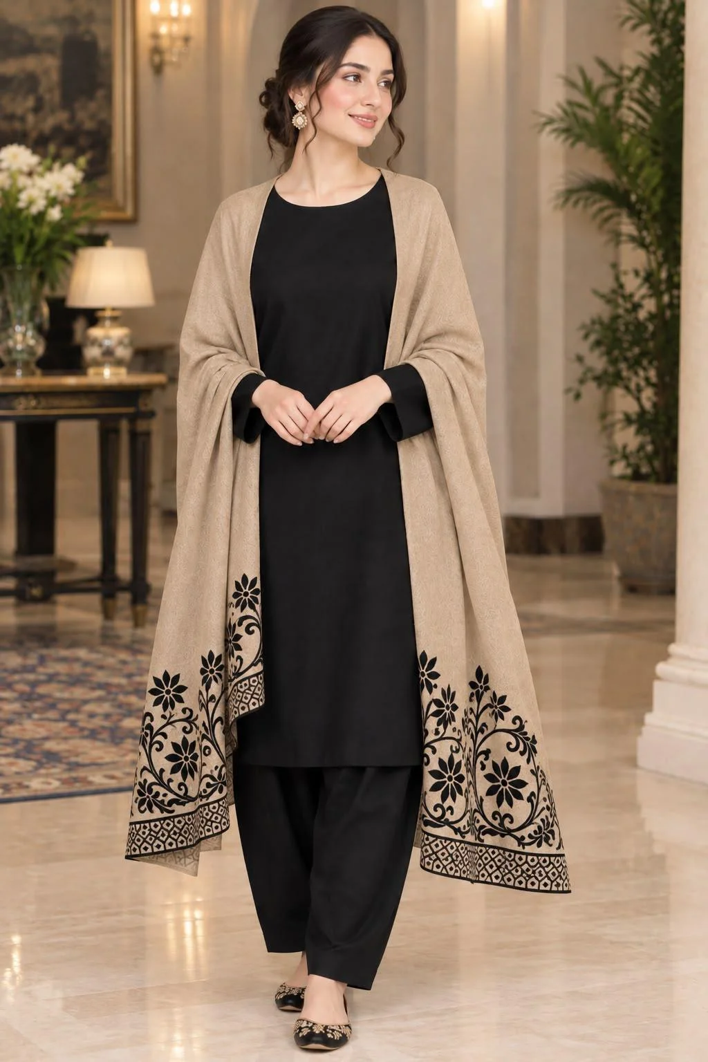 Dhanak — Black & Beige — Unstitched · 3-Piece · Dhanak