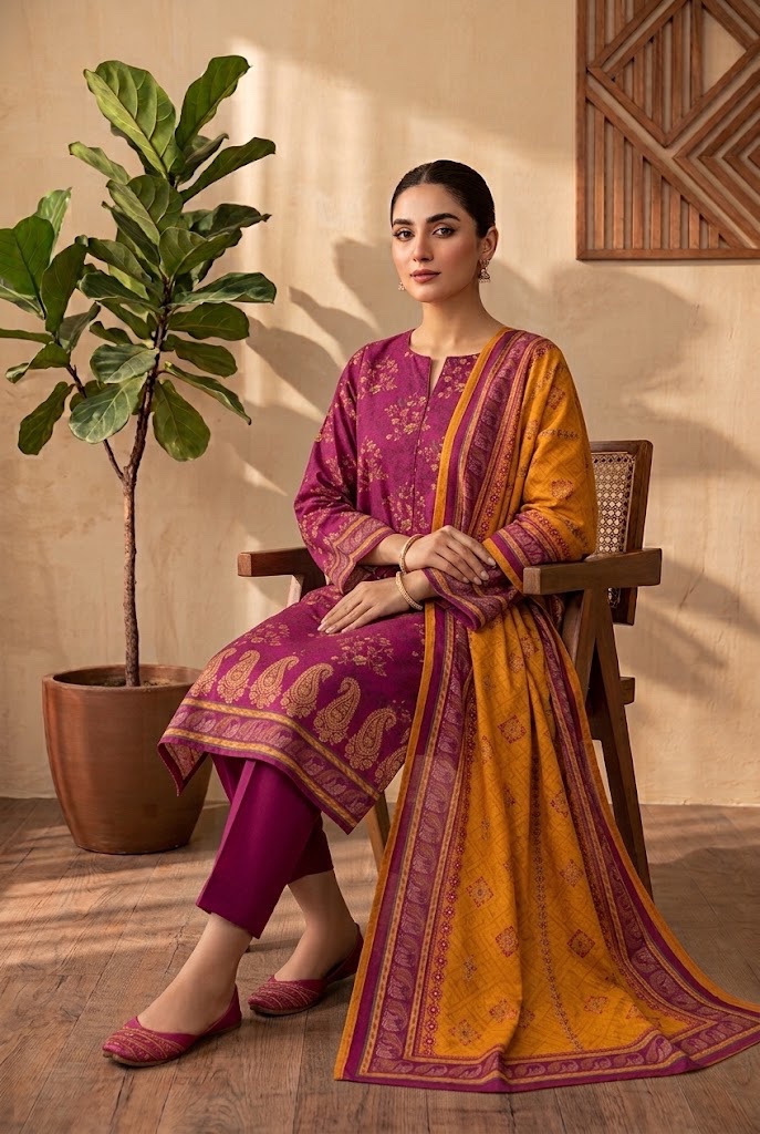 Mehak — Magenta & Mustard Paisley — Unstitched · 3-Piece · Viscose